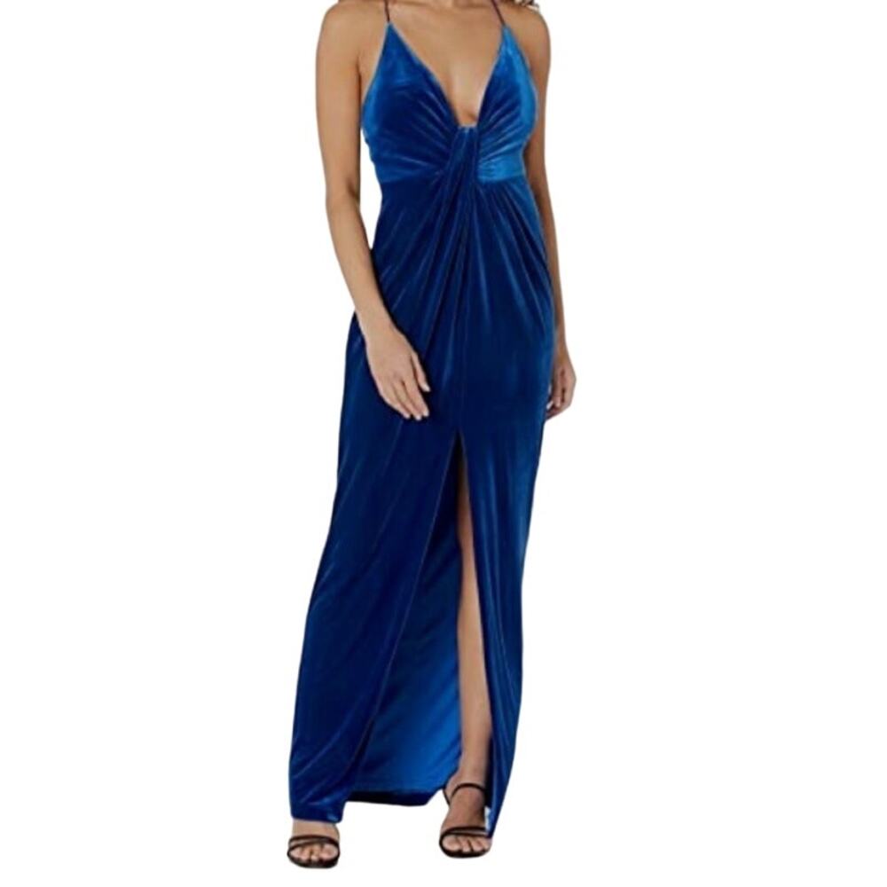 Aidan V-Neck Tie Front Gown, Majestic Blue Velvet, Size 2, NWT